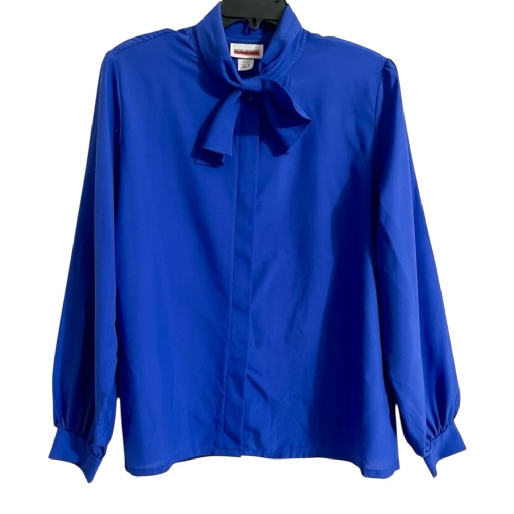 Vintage Judy Bond Secretary Blouse 16 Royal Blue Button Up Bow Scarf Victorian